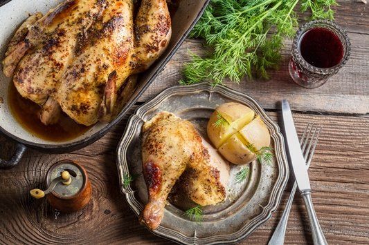 roast chicken dish on table